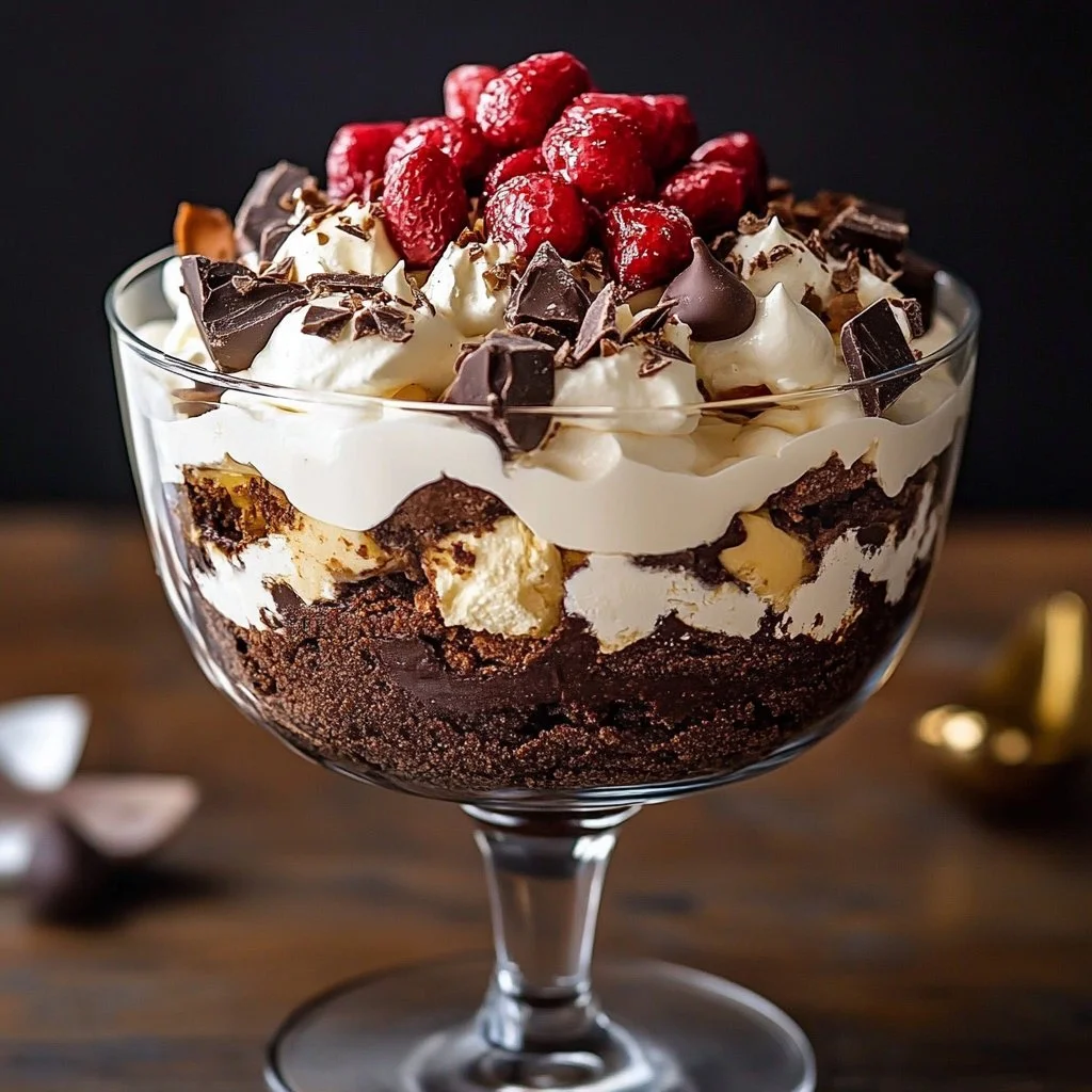 Delicious easy brownie trifle with layers of brownie and cream