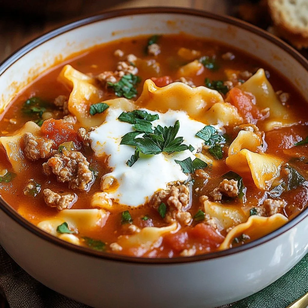 Bowl of easy lasagna soup with cheese and herbs on top