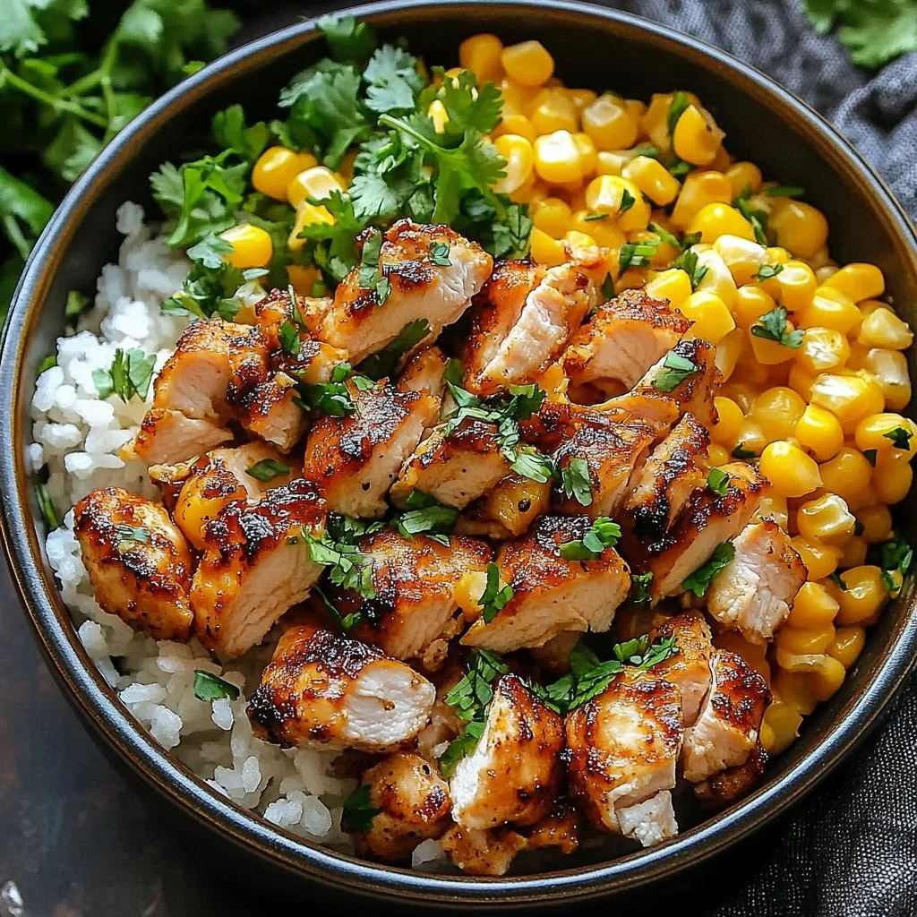 Delicious Easy Street Corn Chicken Bowl filled with chicken and corn