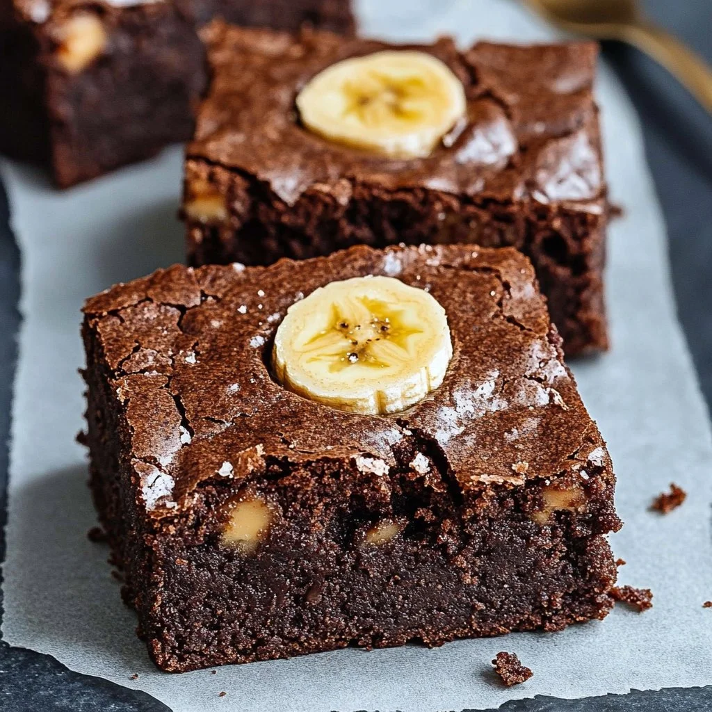 Flourless banana peanut butter brownies on a plate