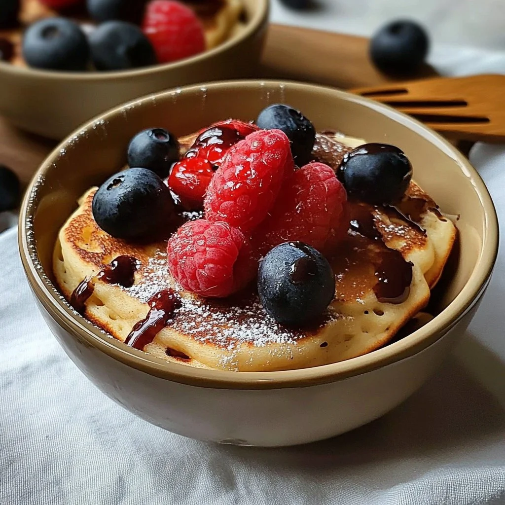 Fluffy protein pancake bowls with fresh fruits and toppings