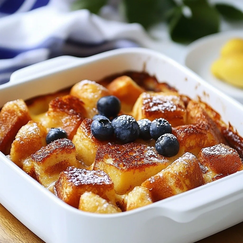 Delicious French Toast Casserole with syrup and fresh berries on a plate