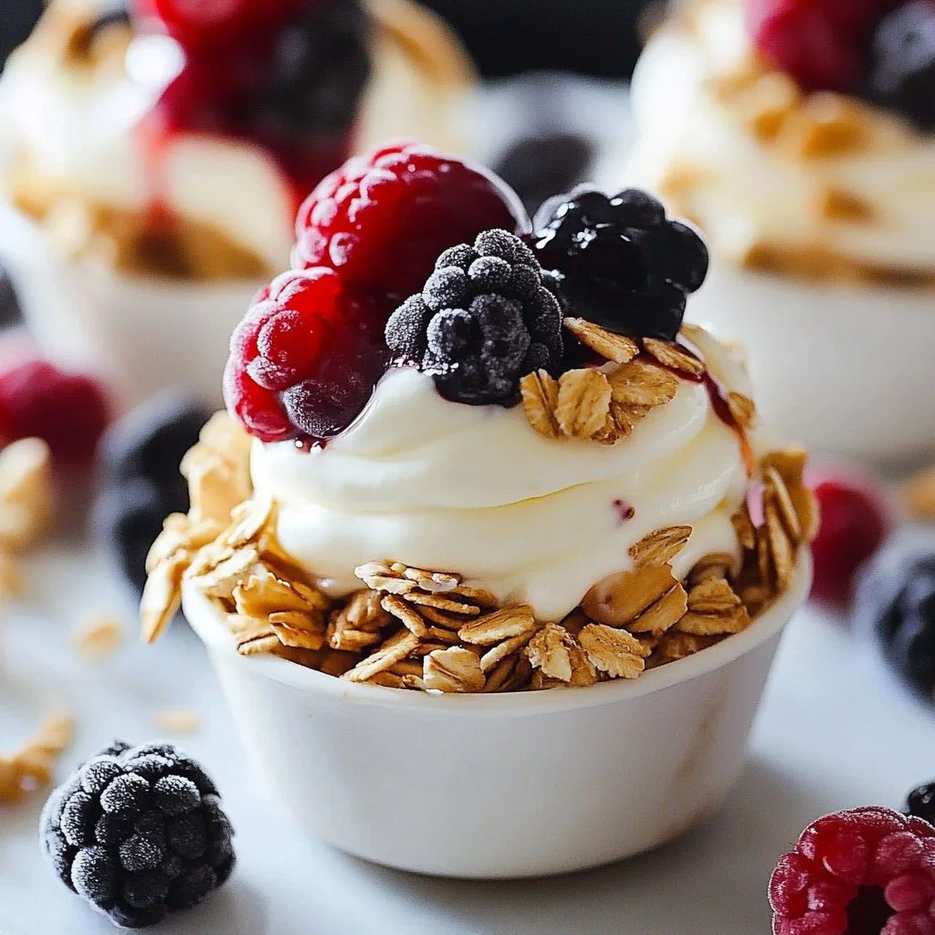 Delicious Frozen Yogurt Granola Cups served in colorful mini cups