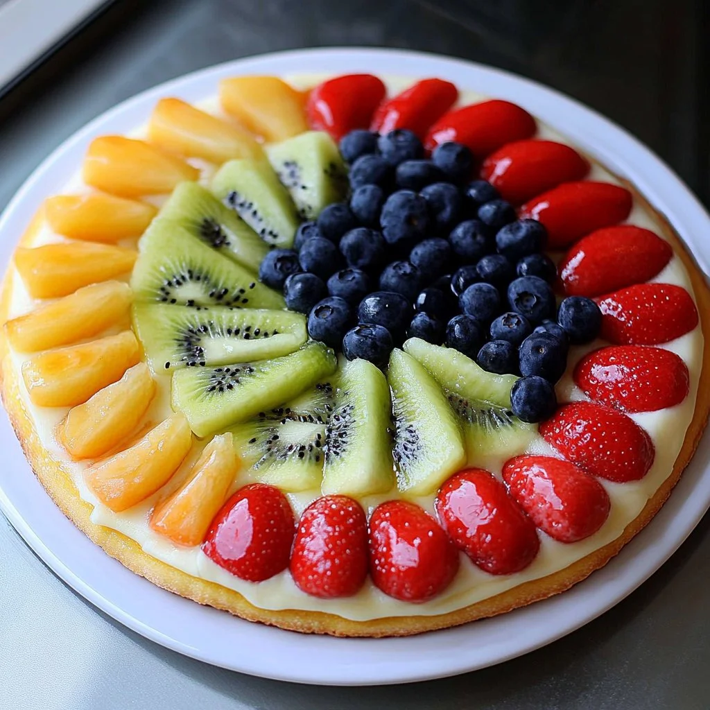 Colorful fruit pizza topped with fresh berries and kiwi on a sweet crust