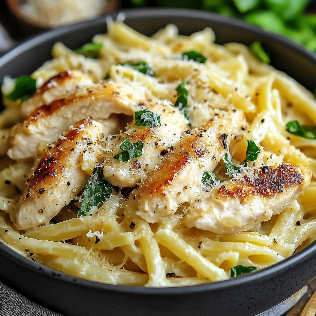 Plate of garlic parmesan chicken pasta garnished with parsley