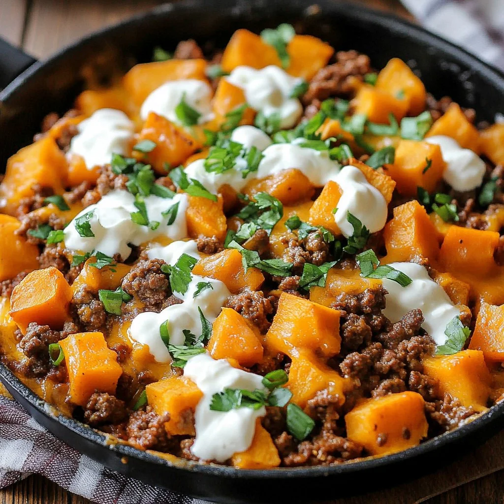 Ground turkey and sweet potato skillet dish served in a pan.