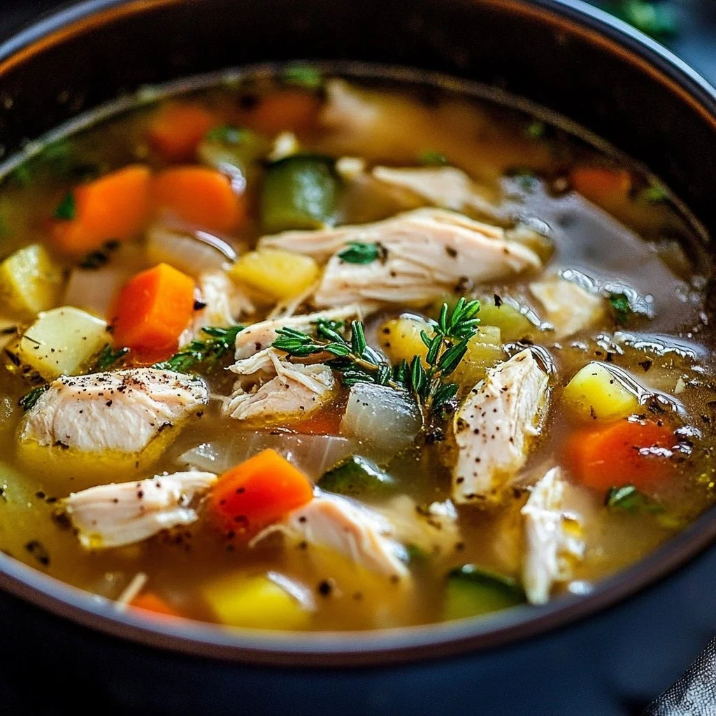 Bowl of hearty chicken veggie soup with fresh vegetables and chicken pieces