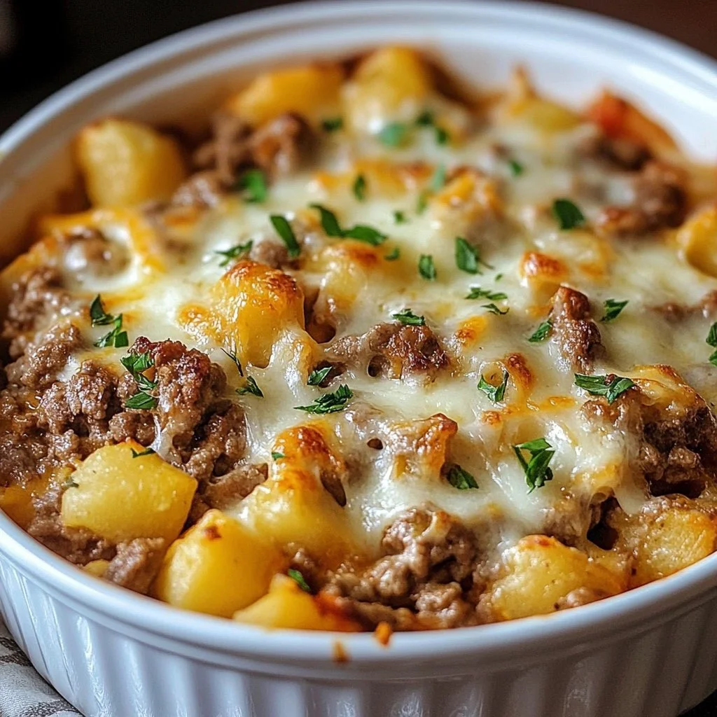 Delicious Hobo Casserole served in a rustic dish with a variety of ingredients.
