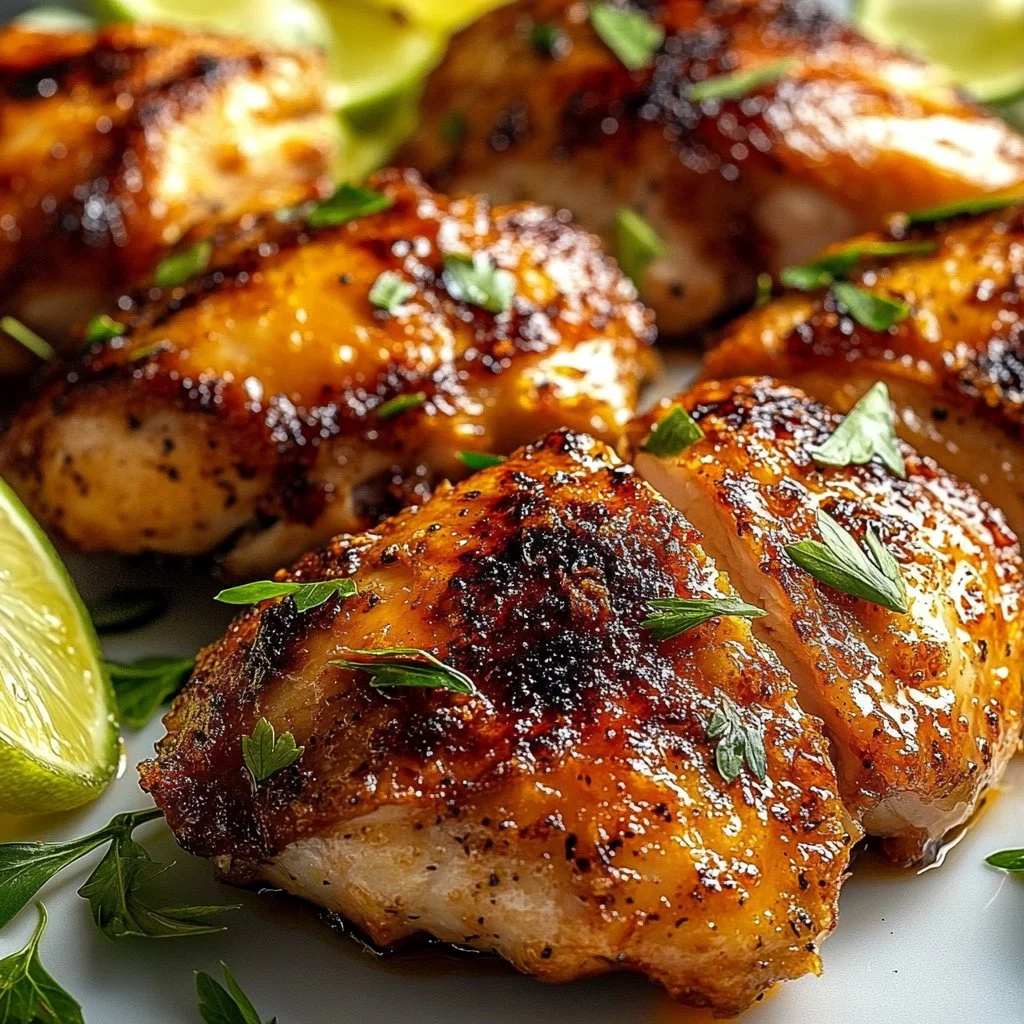 Golden crispy chicken thighs on a plate garnished with herbs