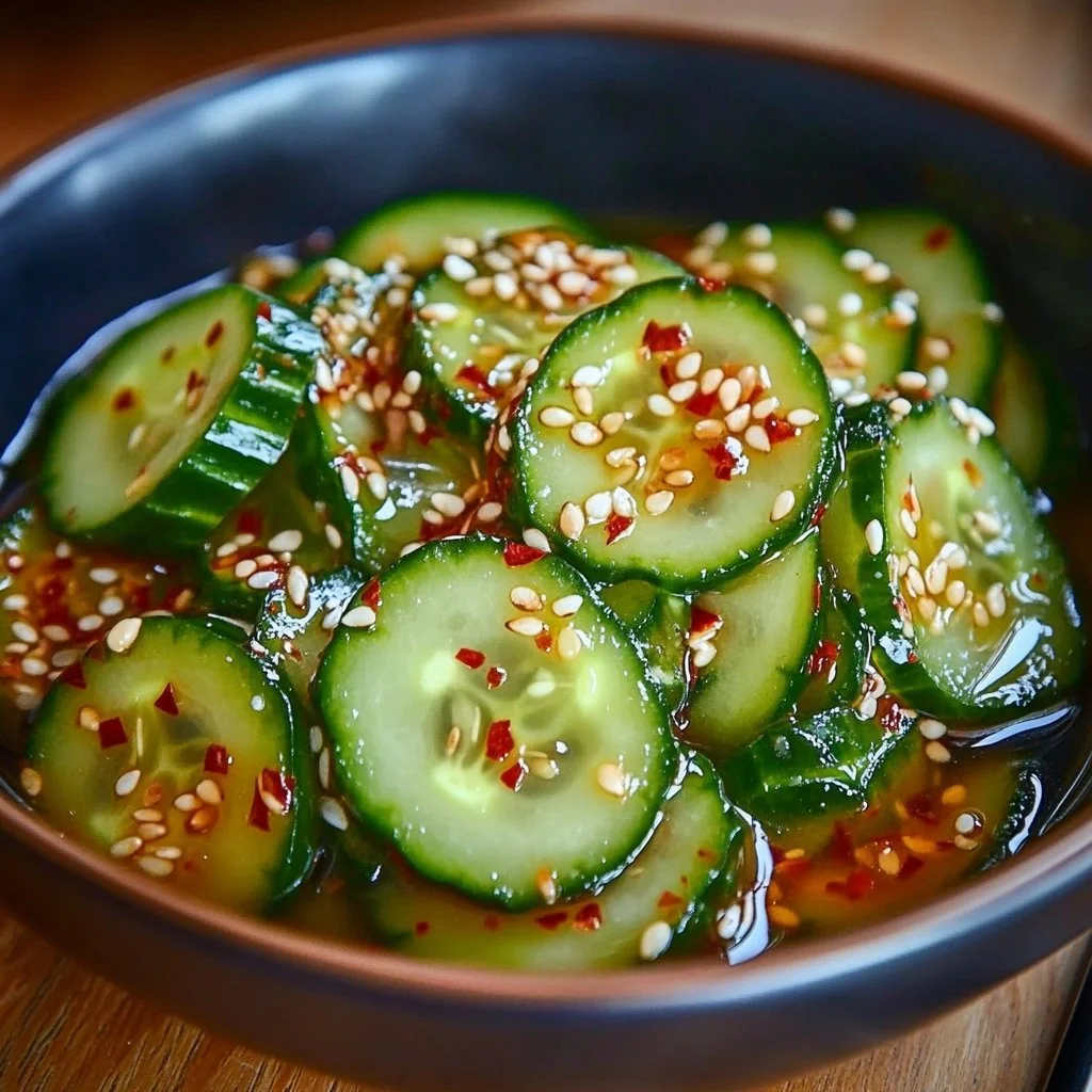 Delicious Korean Cucumber Salad topped with sesame seeds and spices