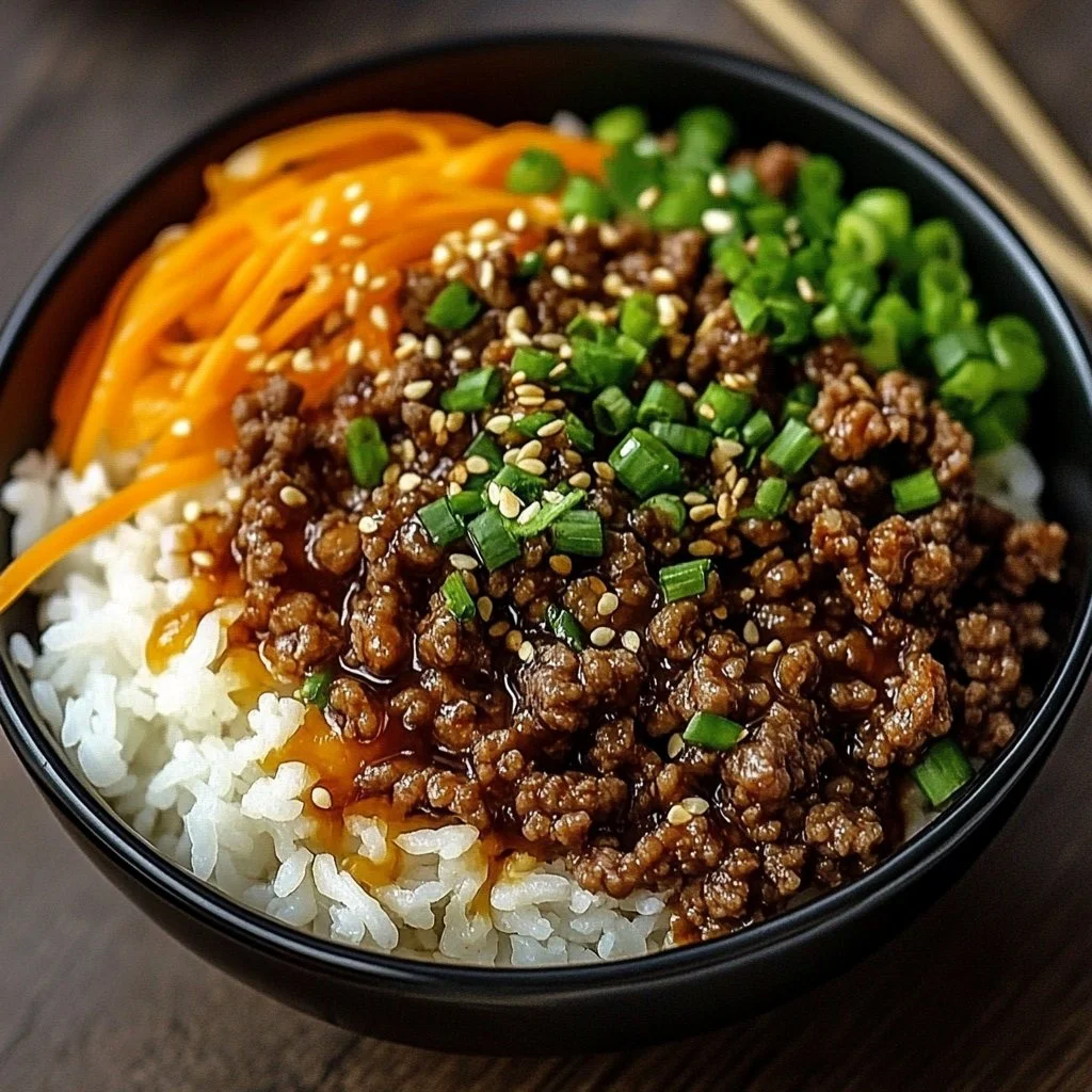 Delicious Korean Ground Beef Bowl topped with vegetables and rice