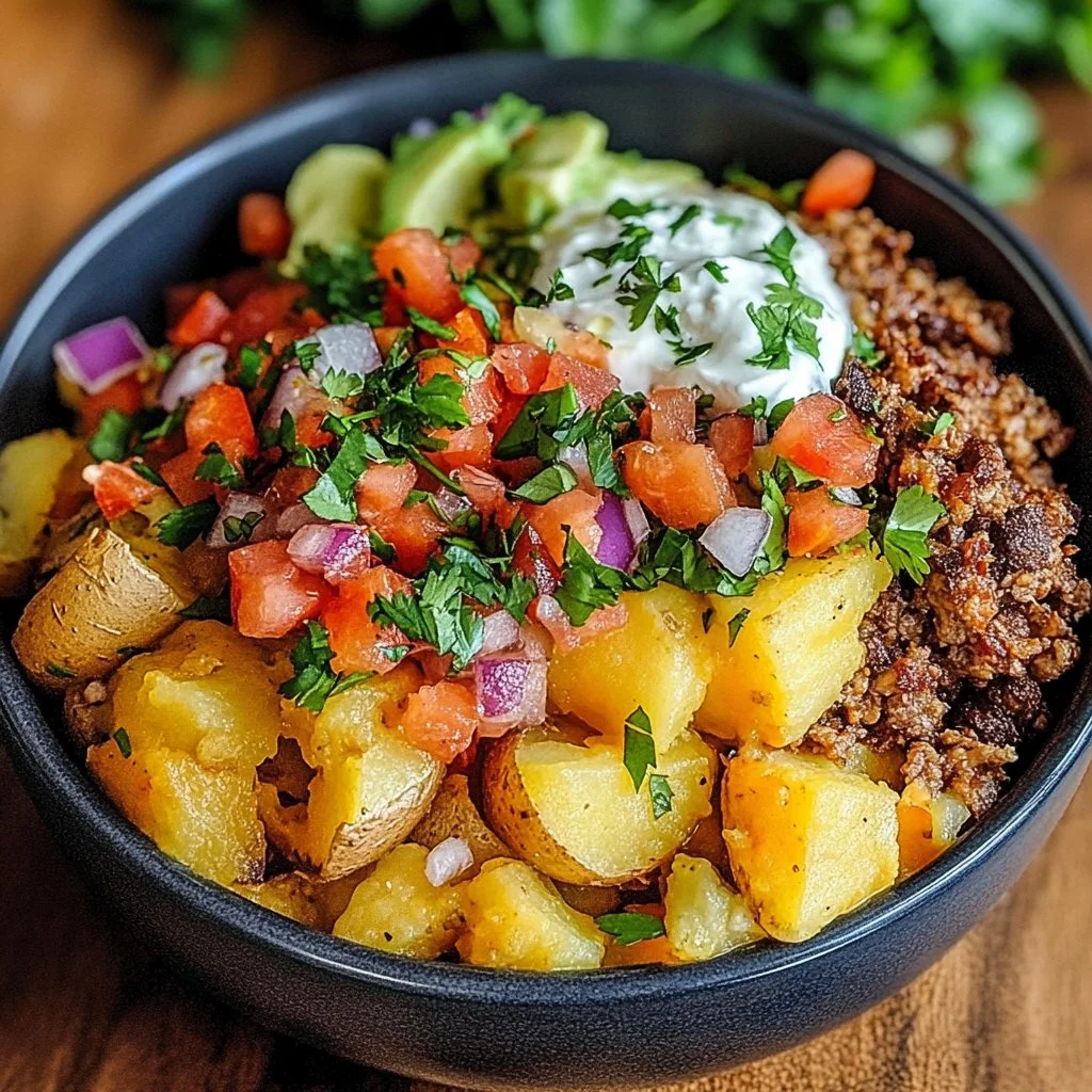 Delicious Loaded Fiesta Potato Bowls topped with fresh ingredients.