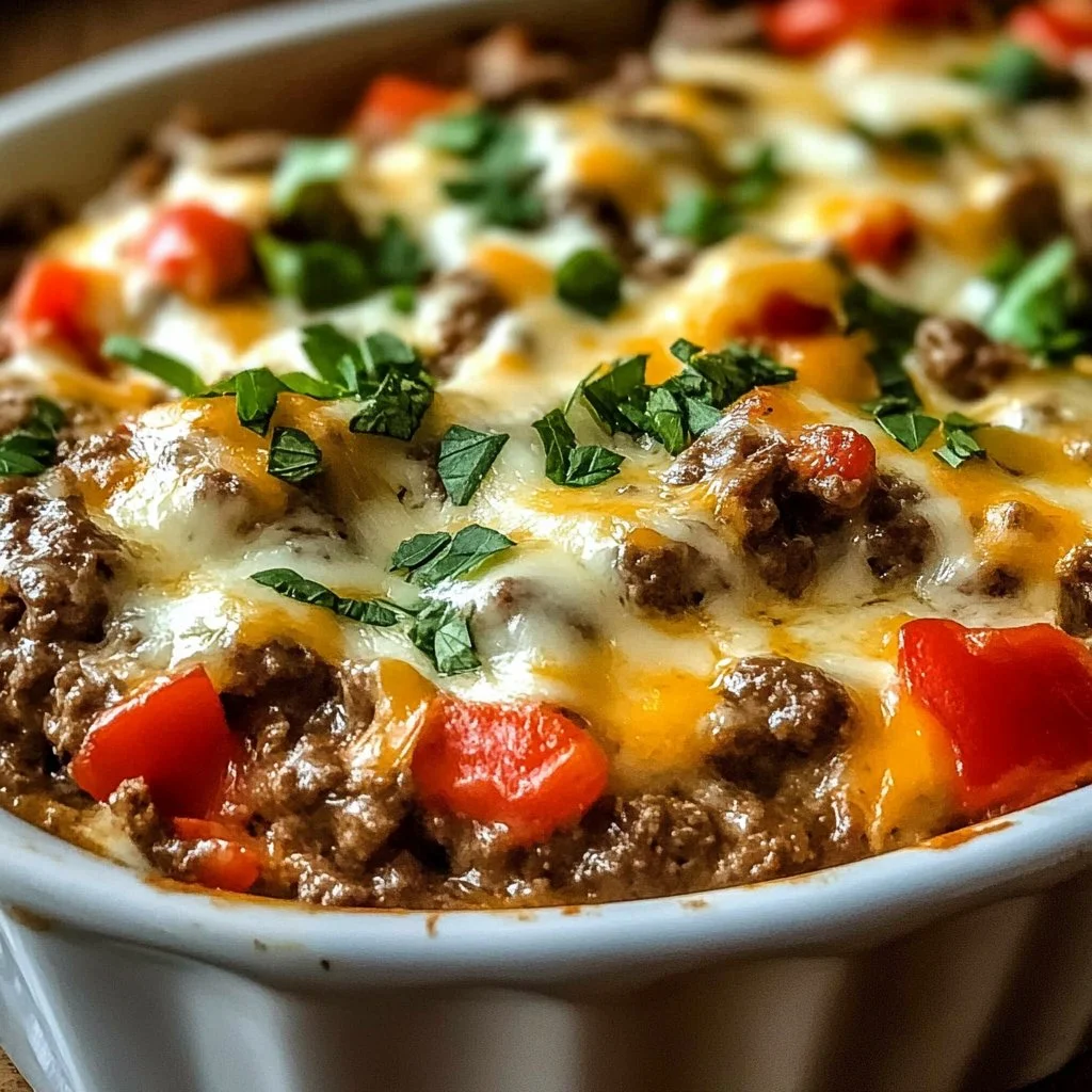 Low Carb Philly Cheesesteak Casserole topped with melted cheese and peppers