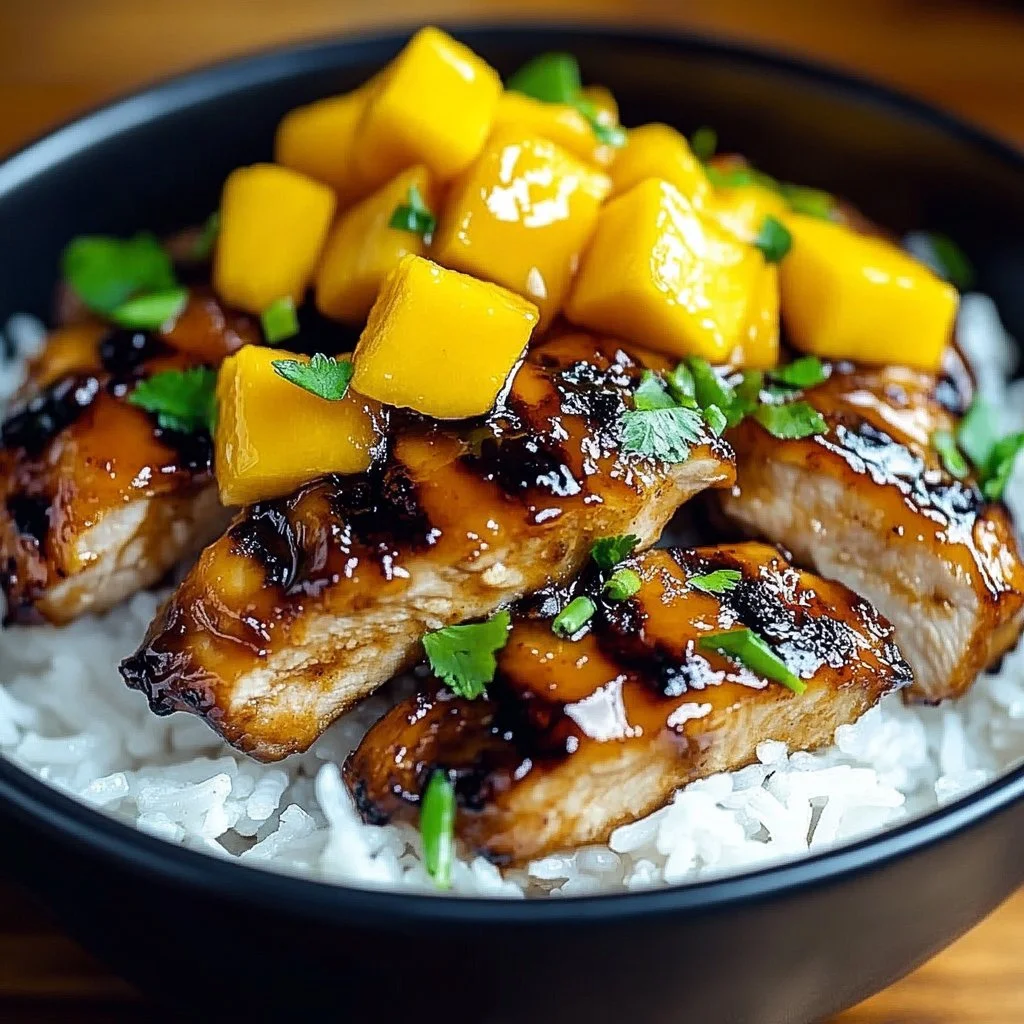 Delicious mango-glazed chicken breast served with fresh herbs and spices.