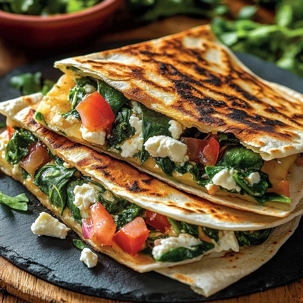 Delicious Mediterranean Quesadillas filled with fresh vegetables and herbs.