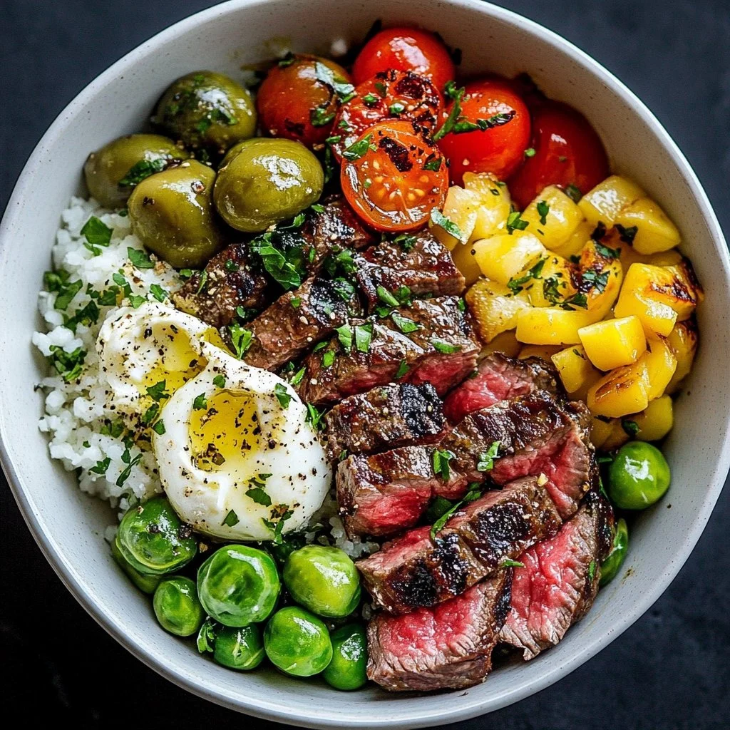 Mediterranean steak bowl topped with fresh veggies and spices