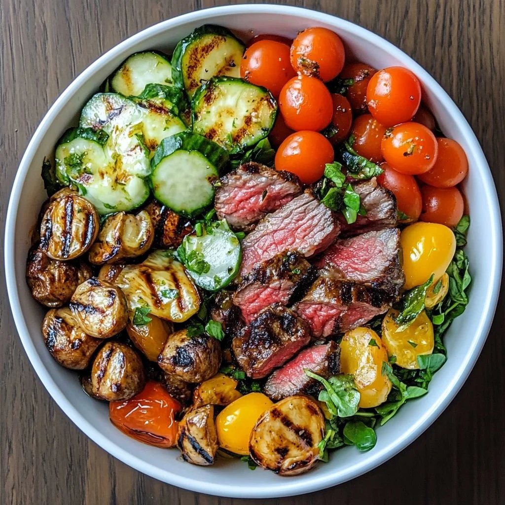 Mediterranean steak bowl with fresh vegetables and flavorful ingredients.