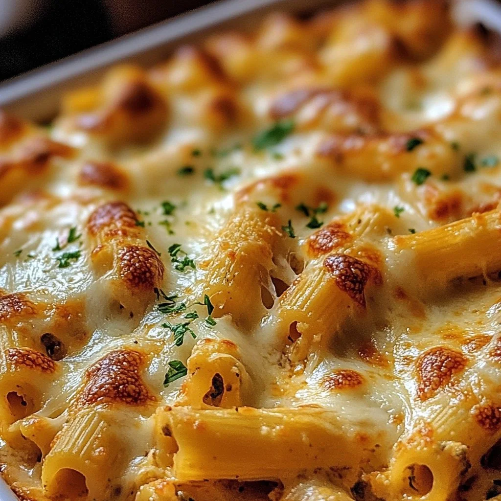 Delicious Million Dollar Baked Ziti topped with cheese and herbs.