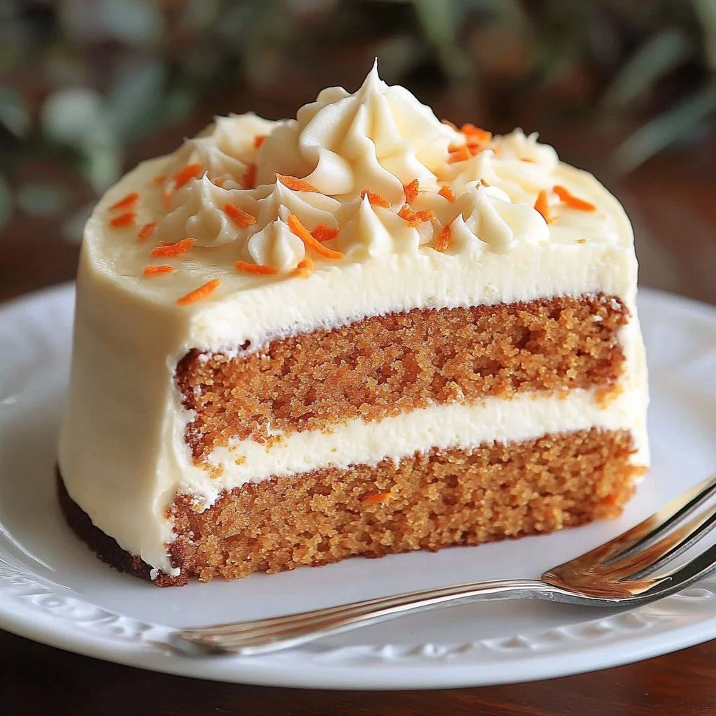 Deliciously moist carrot cake with cream cheese frosting on a decorative plate.