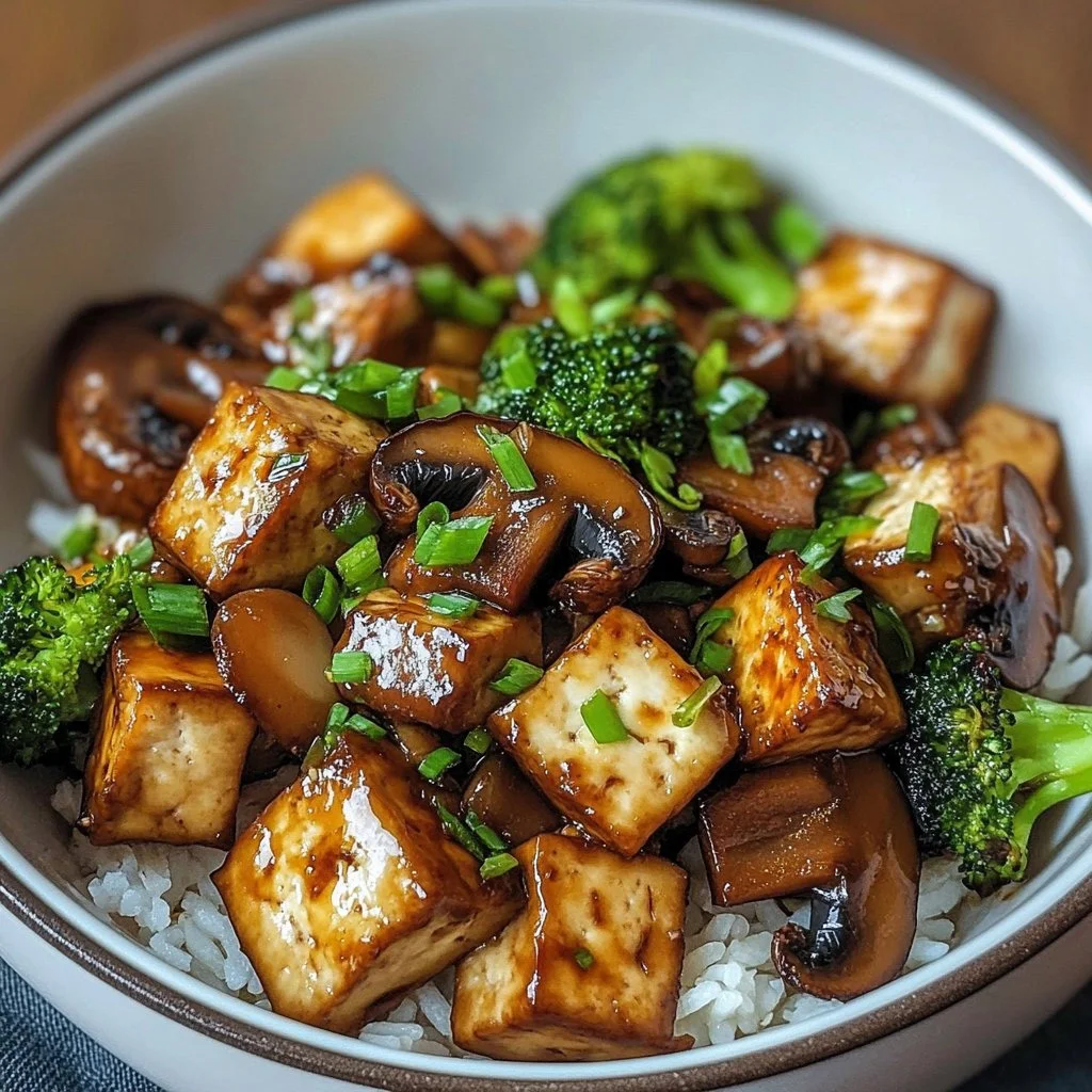 Delicious Mushroom Tofu Stir-Fry served in a bowl with fresh vegetables