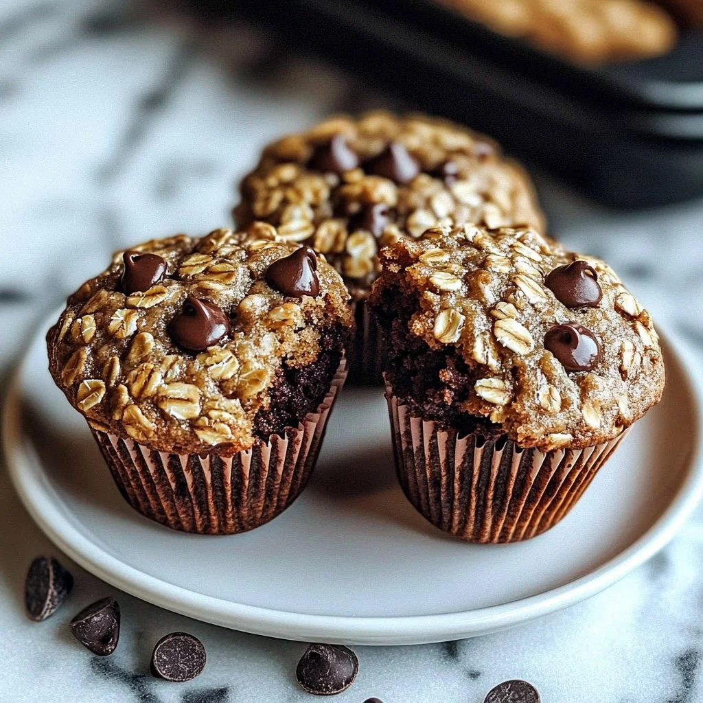 Delicious oatmeal chocolate chip muffins on a wooden table