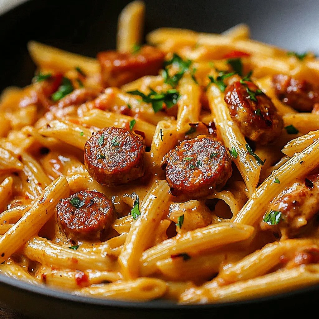 One-pot spicy Cajun sausage pasta in a bowl, garnished with herbs