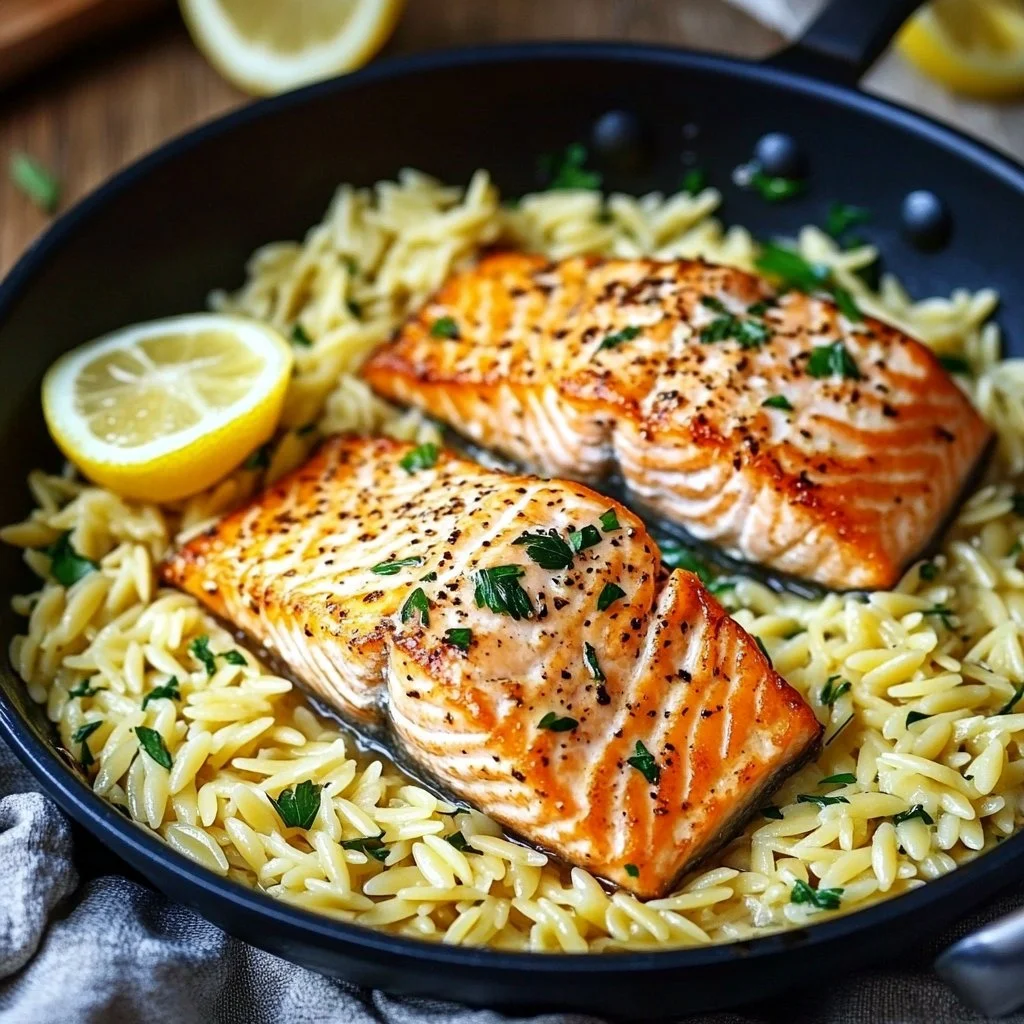 One Skillet Salmon with Lemon Orzo