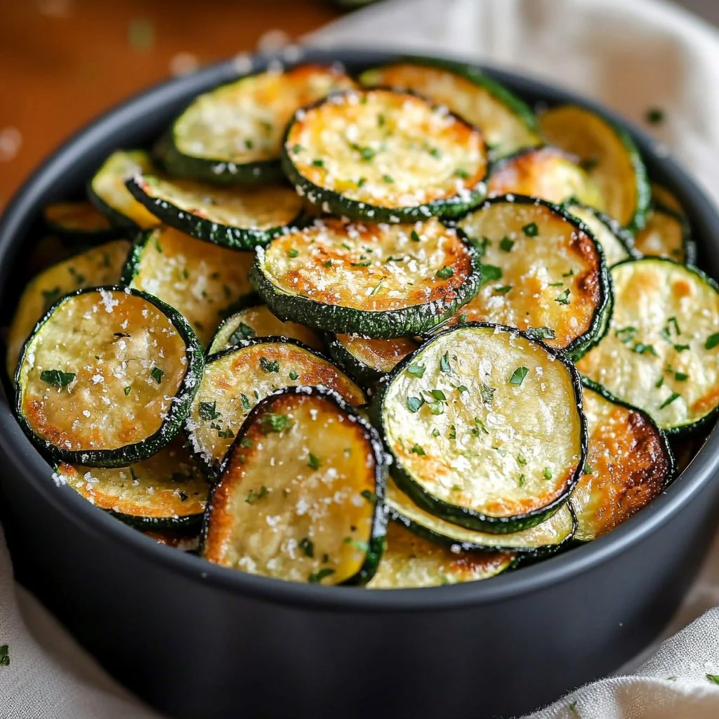 Crispy oven-baked zucchini chips on a plate, a healthy snack option.