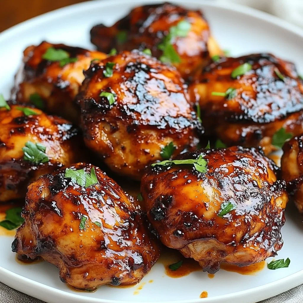 Oven barbecue chicken thighs served with sides on a wooden table