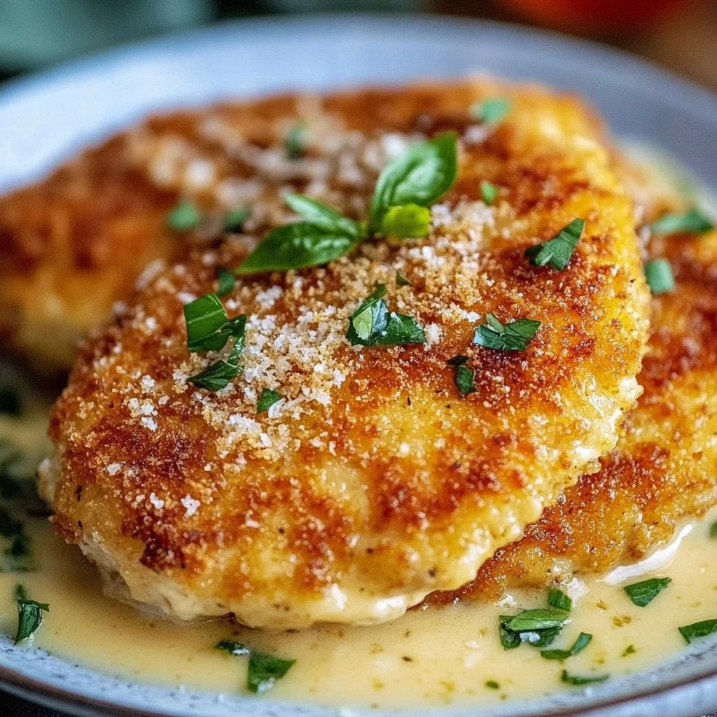Juicy Parmesan Crusted Chicken plated with herbs and lemon slices