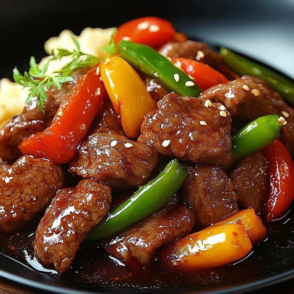 Deliciously cooked pepper steak served with vegetables and sauce