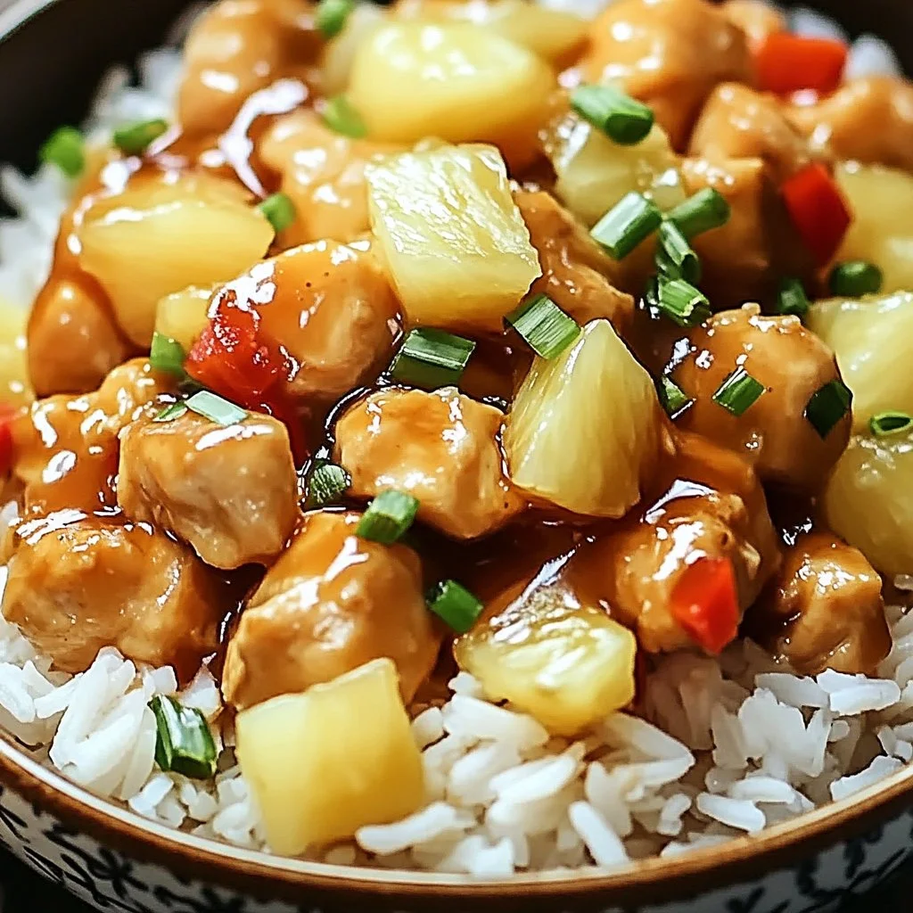 Delicious pineapple chicken served over rice with vibrant colors