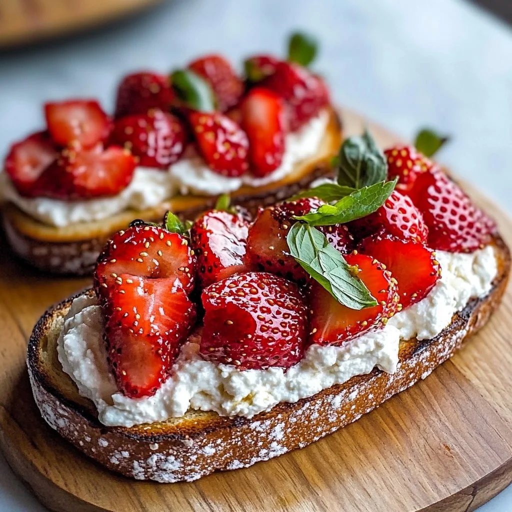 Delicious roasted strawberry whipped ricotta toast garnished with fresh herbs.