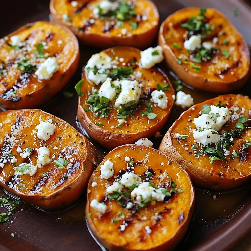 Plate of crispy roasted sweet potato rounds garnished with herbs.