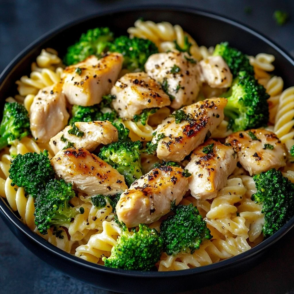 Rotisserie chicken broccoli pasta served in a bowl with fresh herbs
