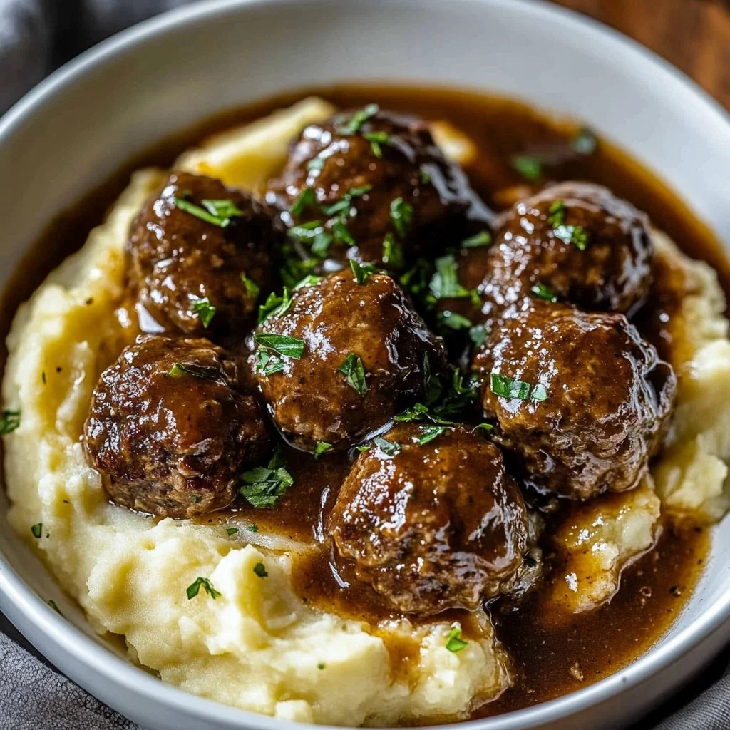 Salisbury Steak Meatballs with Garlic Herb Mashed Potatoes