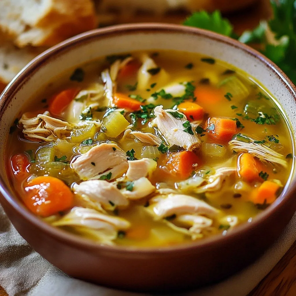 A bowl of hearty Sicilian Chicken Soup, garnished with parsley and lemon.