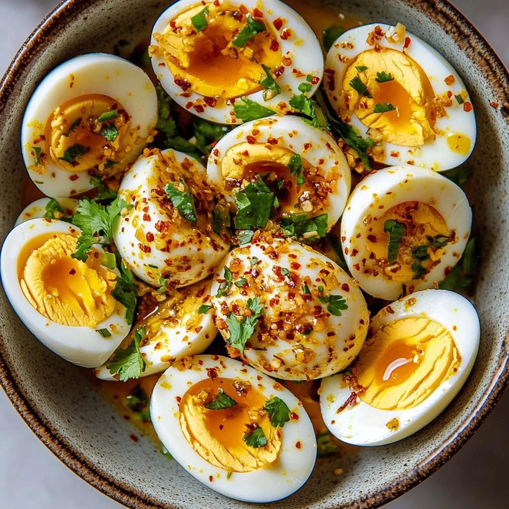 Spicy chili garlic deviled eggs garnished with herbs on a plate.