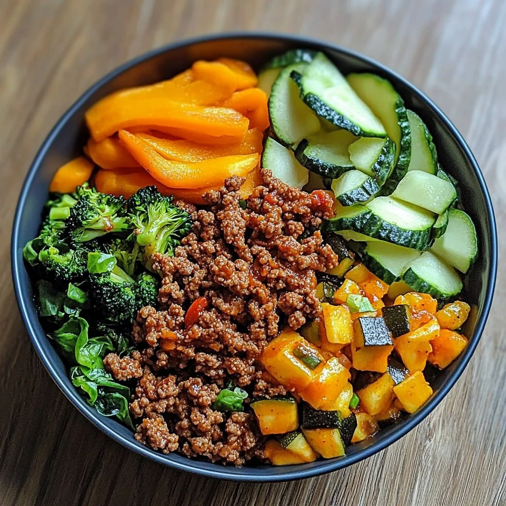 Spicy Ground Beef Veggie Bowl with colorful vegetables and garnishes
