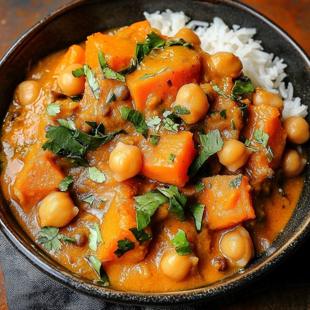 Bowl of sweet potato and chickpea curry garnished with fresh herbs