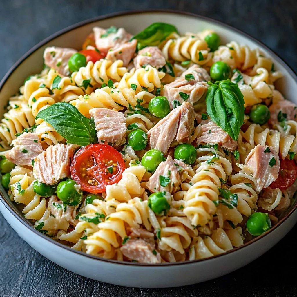 A colorful bowl of tuna pasta salad with fresh vegetables