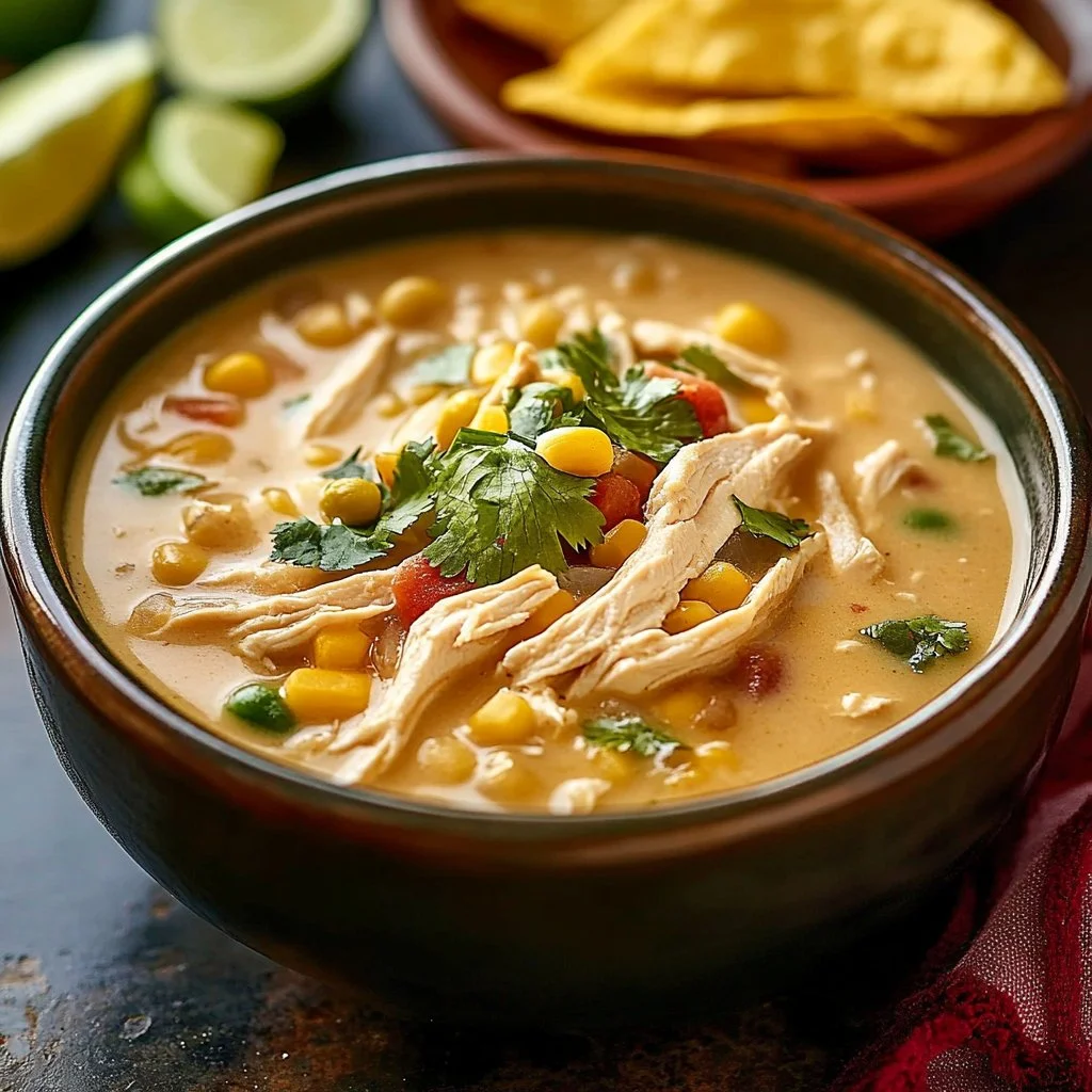 Bowl of creamy white chicken chili topped with cilantro and jalapeños