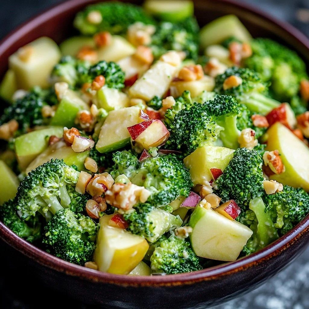 Fresh Apple Broccoli Salad with nuts and dressing on a plate