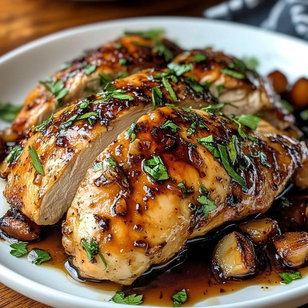 Delicious balsamic baked chicken breast garnished with herbs
