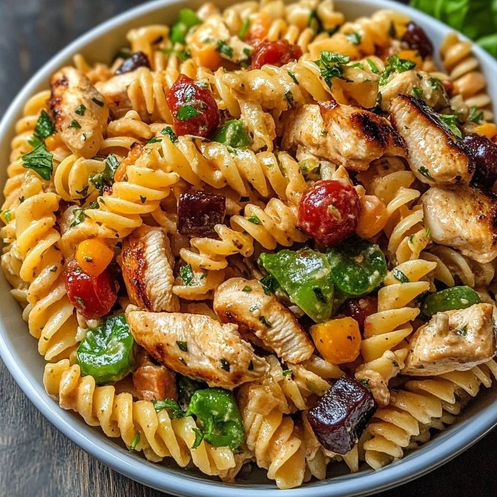 Delicious BBQ Chicken Ranch Pasta Salad served in a bowl