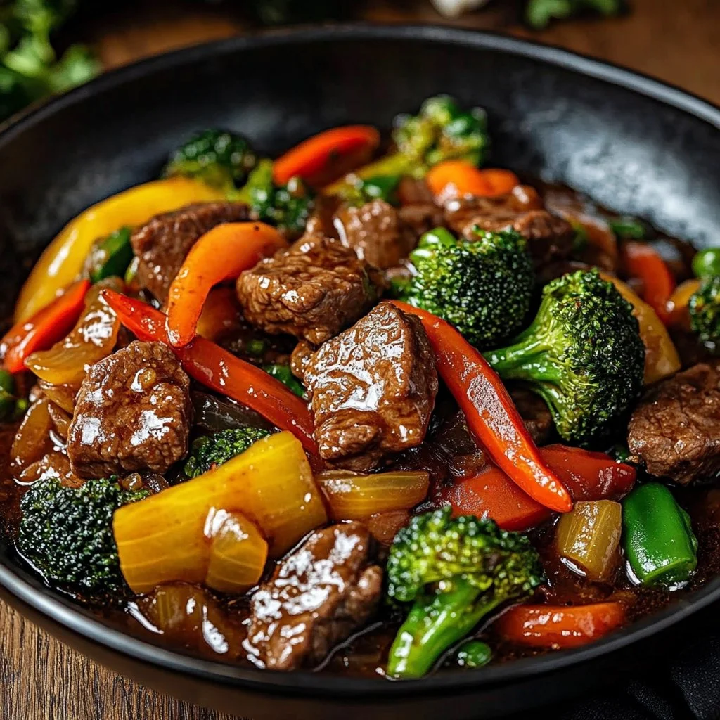 Beef stir fry with vibrant vegetables served in a bowl