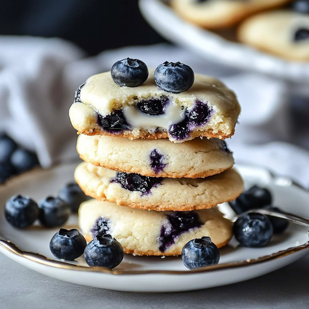 Freshly baked blueberry cheesecake cookies with blueberries on a plate