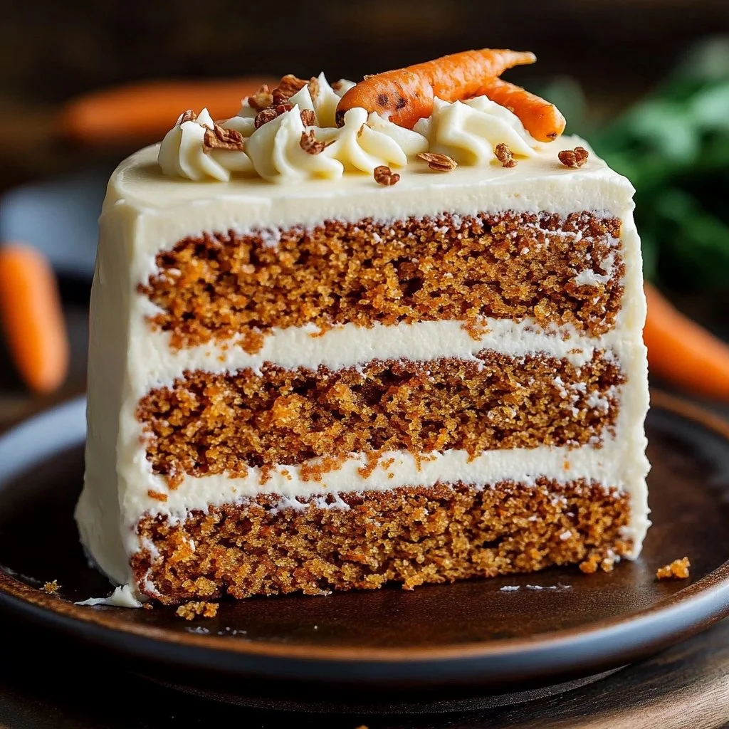 Slice of browned butter carrot cake topped with cream cheese frosting.