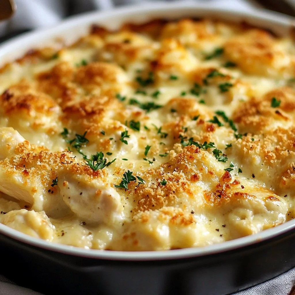 Buttery Million Dollar Chicken Casserole served in a dish, garnished with herbs.