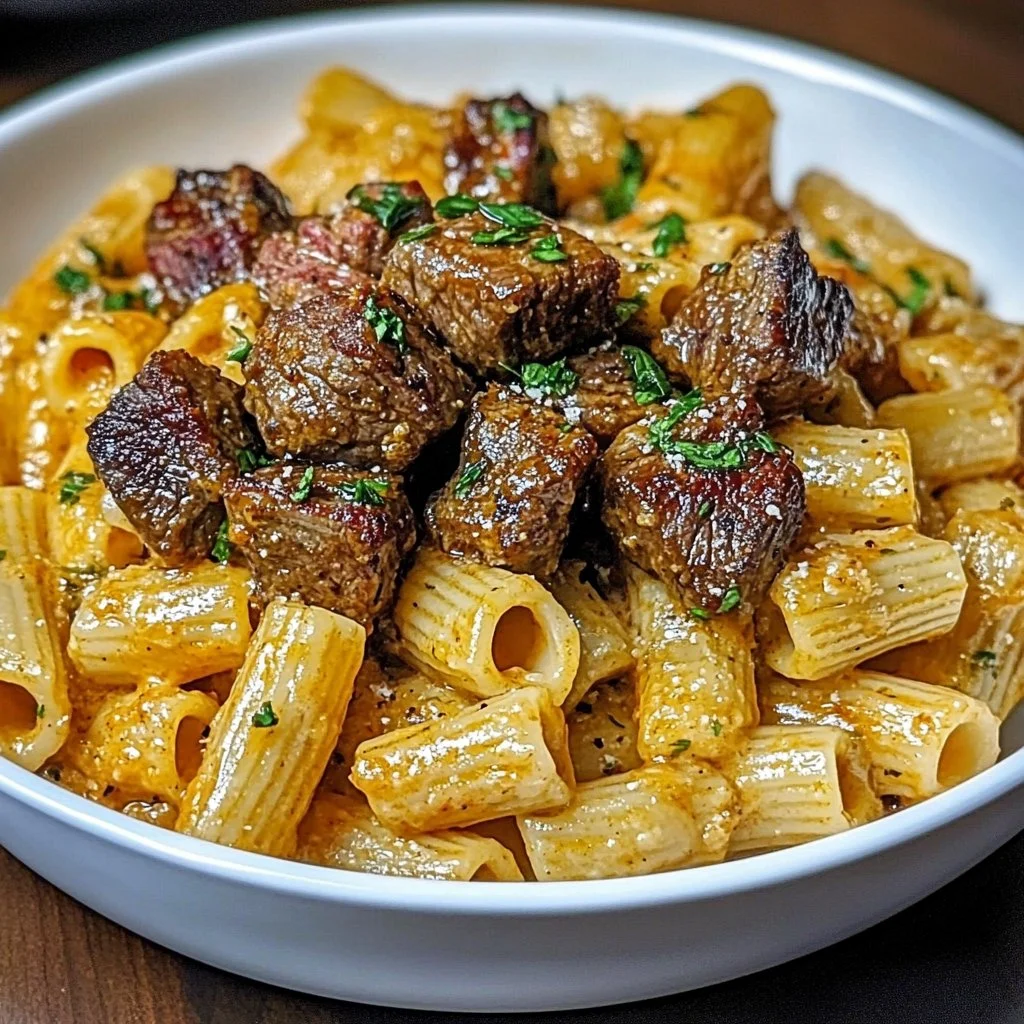 Delicious Cajun Steak Tips paired with cheesy rigatoni on a plate.